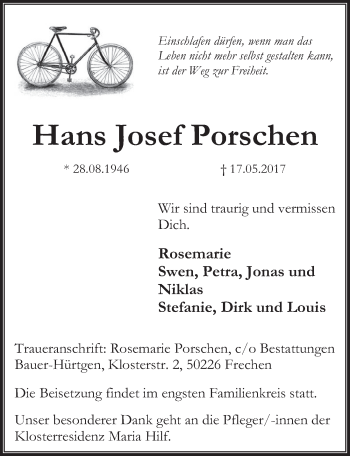 Anzeige von Hans Josef Porschen von  Wochenende 