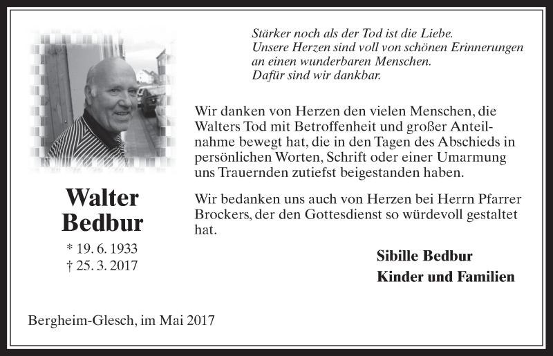  Traueranzeige für Walter Bedbur vom 17.05.2017 aus  Werbepost 