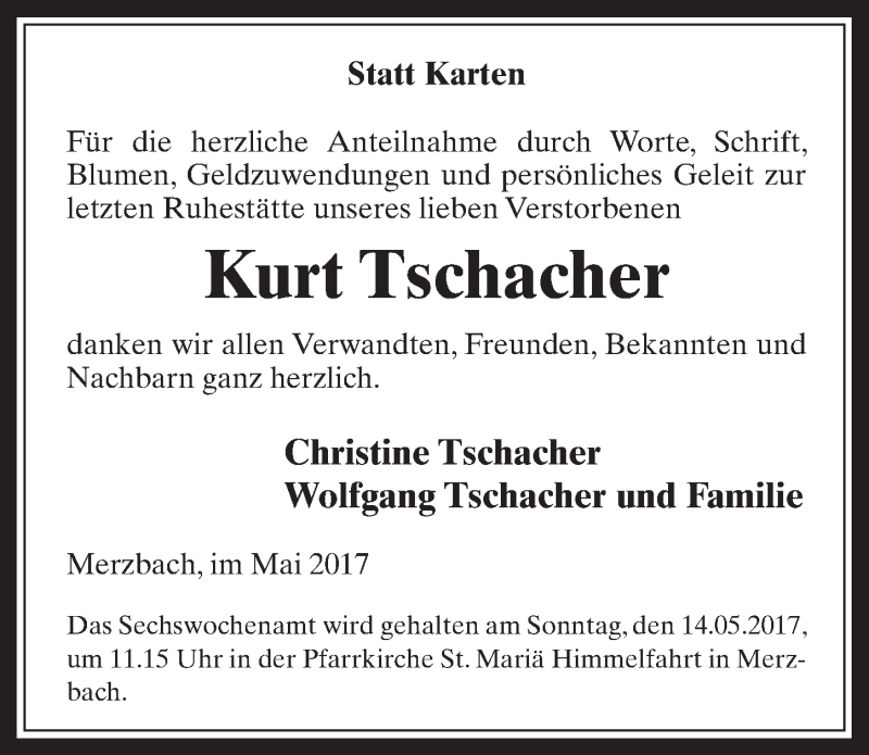  Traueranzeige für Kurt Tschacher vom 03.05.2017 aus  Schaufenster/Blickpunkt 