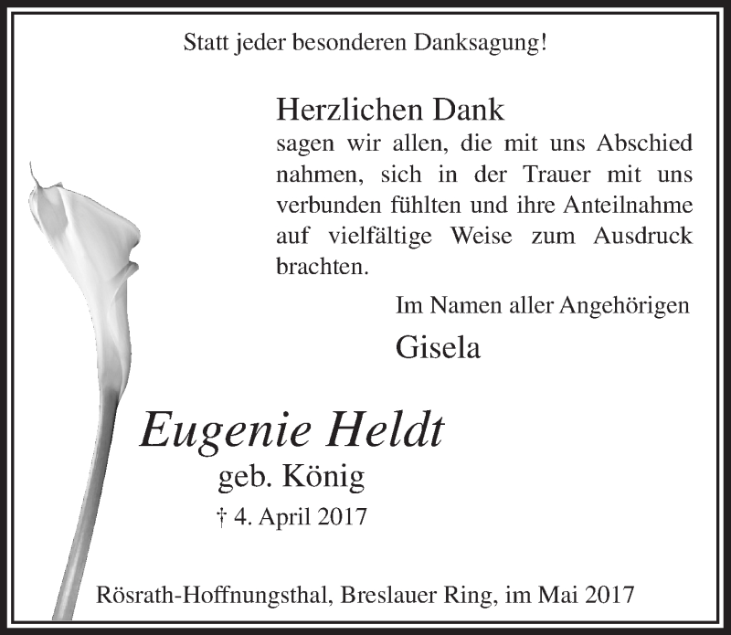  Traueranzeige für Eugenie Heldt vom 10.05.2017 aus  Bergisches Handelsblatt 