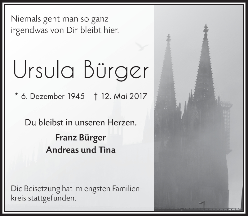  Traueranzeige für Ursula Bürger vom 24.05.2017 aus  Bergisches Handelsblatt 