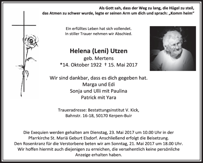  Traueranzeige für Helena Utzen vom 20.05.2017 aus  Sonntags-Post 
