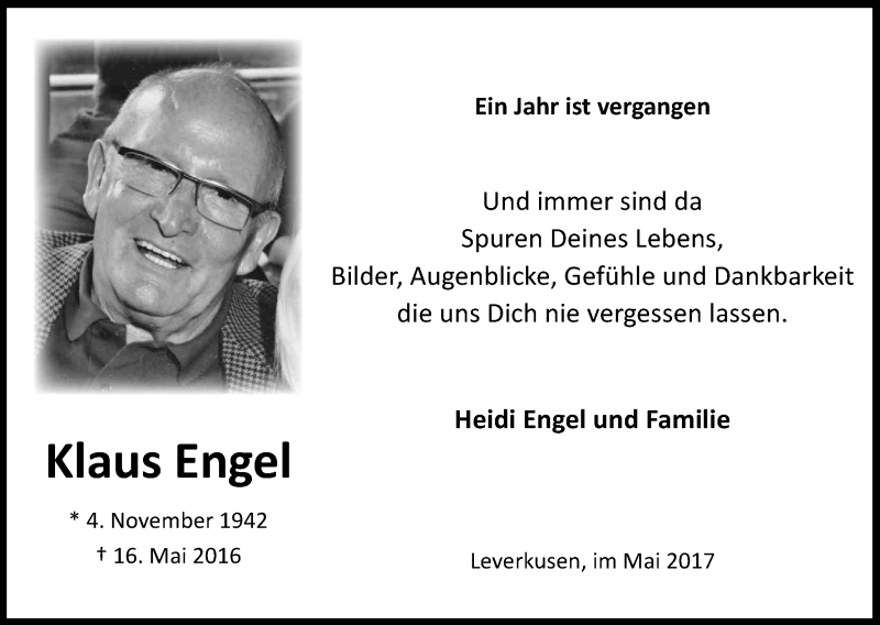  Traueranzeige für Klaus Engel vom 20.05.2017 aus Kölner Stadt-Anzeiger / Kölnische Rundschau / Express