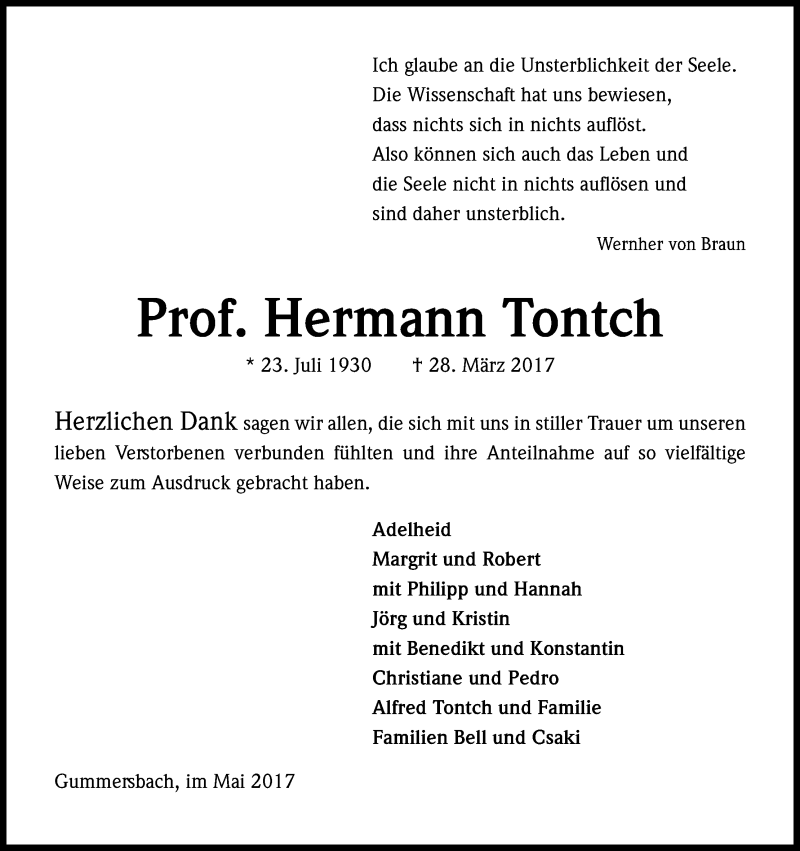  Traueranzeige für Hermann Tontch vom 31.05.2017 aus Kölner Stadt-Anzeiger / Kölnische Rundschau / Express