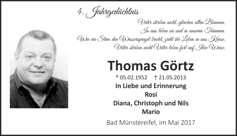 Traueranzeige für Thomas Görtz vom 20.05.2017 aus  Blickpunkt Euskirchen 