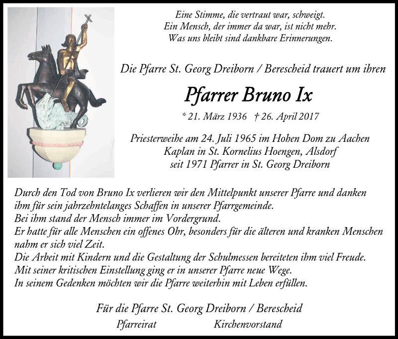  Traueranzeige für Bruno Ix vom 03.05.2017 aus Kölner Stadt-Anzeiger / Kölnische Rundschau / Express