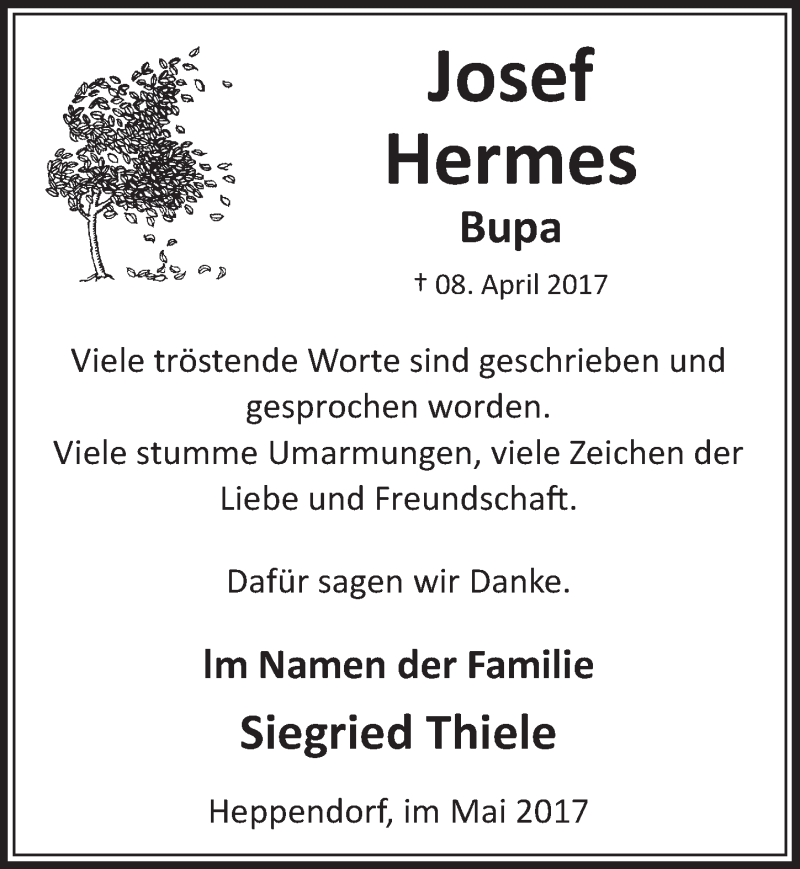  Traueranzeige für Josef Hermes vom 13.05.2017 aus  Sonntags-Post 
