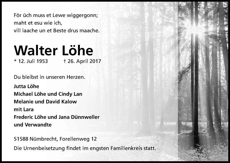  Traueranzeige für Walter Löhe vom 06.05.2017 aus Kölner Stadt-Anzeiger / Kölnische Rundschau / Express