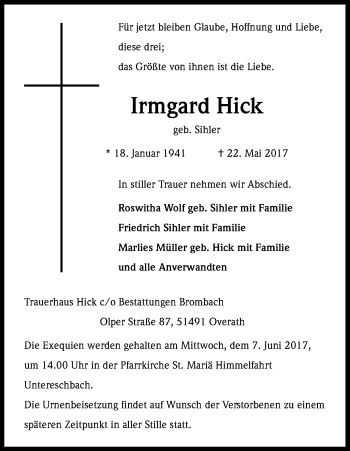Anzeige von Irmgard Hick von Kölner Stadt-Anzeiger / Kölnische Rundschau / Express