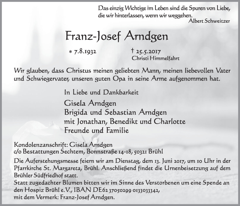  Traueranzeige für Franz-Josef Arndgen vom 31.05.2017 aus  Schlossbote/Werbekurier 