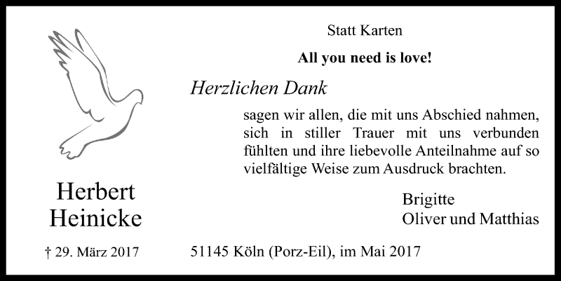  Traueranzeige für Herbert Heinicke vom 03.05.2017 aus  Kölner Wochenspiegel 