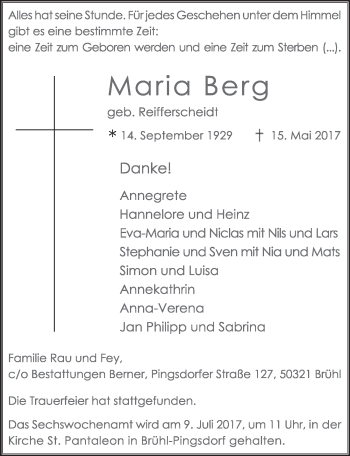 Anzeige von Maria Berg von  Schlossbote/Werbekurier 