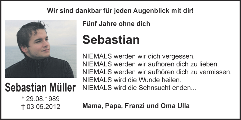  Traueranzeige für Sebastian Müller vom 31.05.2017 aus  Kölner Wochenspiegel 