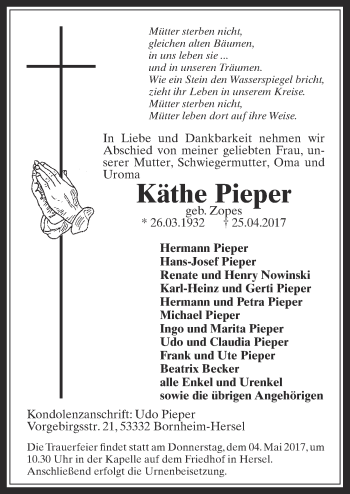 Anzeige von Käthe Pieper von  Schaufenster/Blickpunkt  Schlossbote/Werbekurier 