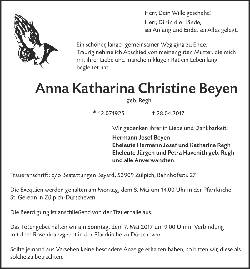  Traueranzeige für Anna Katharina Christine Beyen vom 06.05.2017 aus  Blickpunkt Euskirchen 