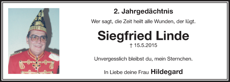  Traueranzeige für Siegfried Linde vom 10.05.2017 aus  Bergisches Handelsblatt 
