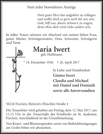 Anzeige von Maria Iwert von  Sonntags-Post 