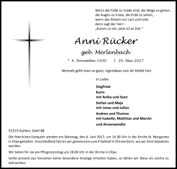 Anzeige von Anni Rücker von Kölner Stadt-Anzeiger / Kölnische Rundschau / Express
