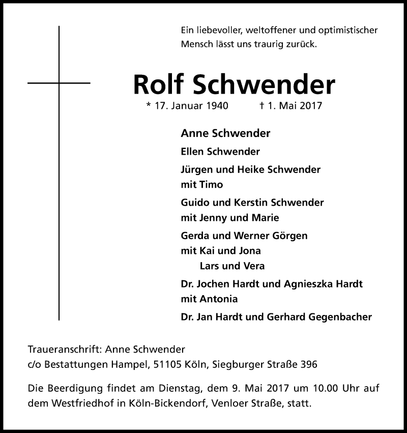  Traueranzeige für Rolf Schwender vom 06.05.2017 aus Kölner Stadt-Anzeiger / Kölnische Rundschau / Express