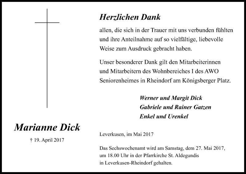  Traueranzeige für Marianne Dick vom 20.05.2017 aus Kölner Stadt-Anzeiger / Kölnische Rundschau / Express
