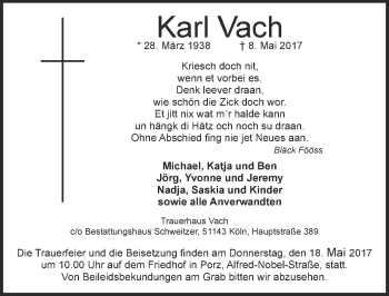 Anzeige von Karl Vach von  Kölner Wochenspiegel 