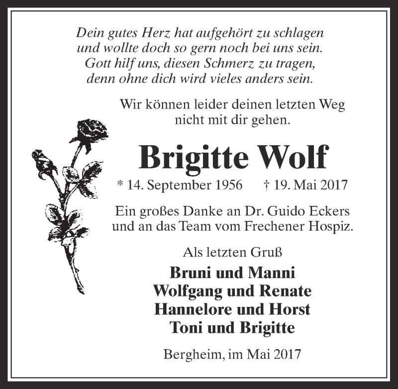  Traueranzeige für Brigitte Wolf vom 31.05.2017 aus  Werbepost 