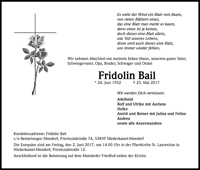  Traueranzeige für Fridolin Bail vom 30.05.2017 aus Kölner Stadt-Anzeiger / Kölnische Rundschau / Express