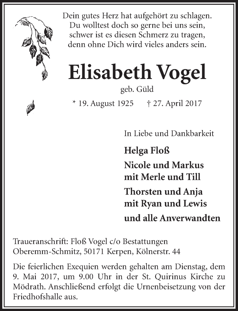  Traueranzeige für Elisabeth Vogel vom 06.05.2017 aus  Sonntags-Post 