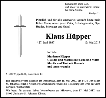Anzeige von Klaus Hüpper von Kölner Stadt-Anzeiger / Kölnische Rundschau / Express