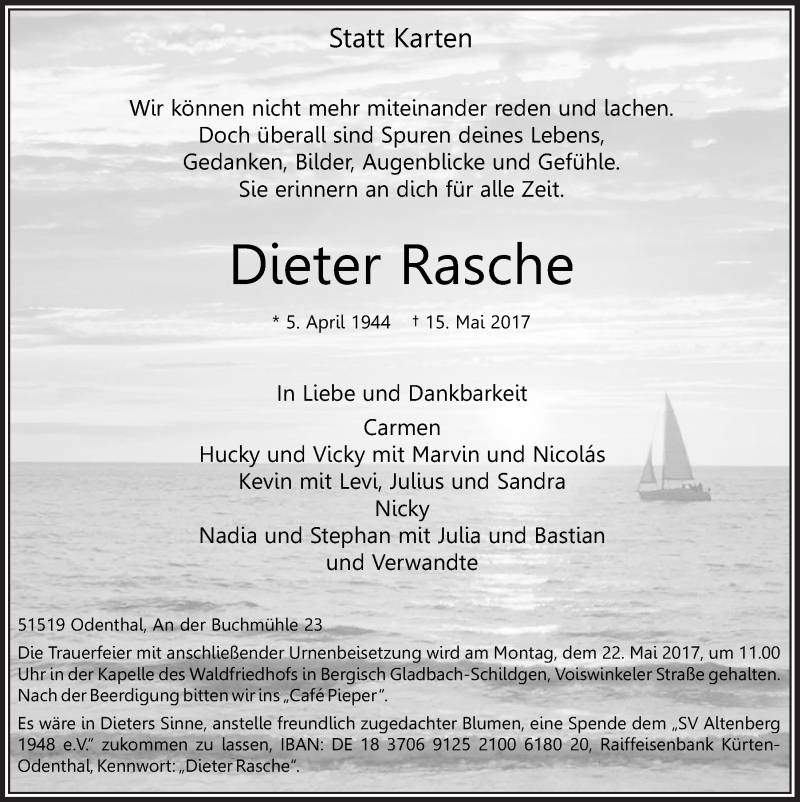  Traueranzeige für Dieter Rasche vom 20.05.2017 aus  Bergisches Sonntagsblatt 