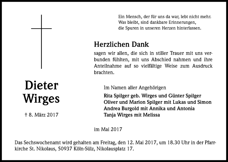  Traueranzeige für Dieter Wirges vom 06.05.2017 aus Kölner Stadt-Anzeiger / Kölnische Rundschau / Express