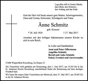 Anzeige von Änne Schmitz von Kölner Stadt-Anzeiger / Kölnische Rundschau / Express