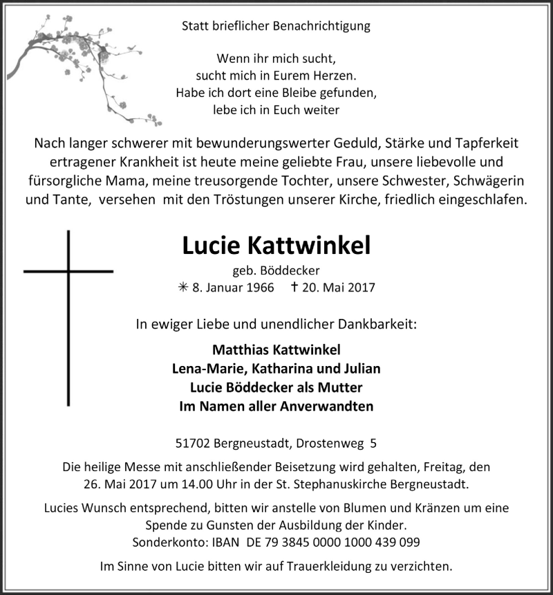  Traueranzeige für Lucie Kattwinkel vom 24.05.2017 aus  Anzeigen Echo 