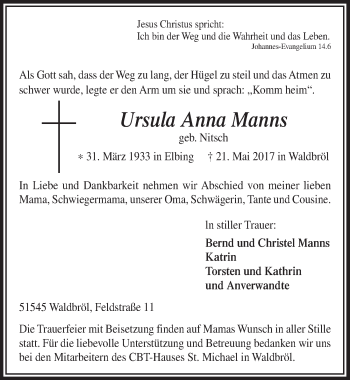 Anzeige von Ursula Anna Manns von  Lokalanzeiger 