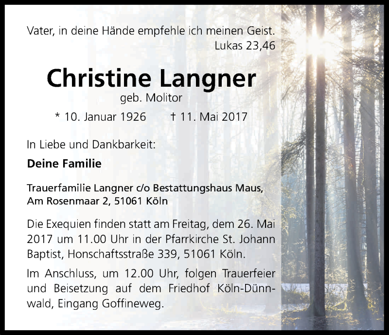  Traueranzeige für Christine Langner vom 20.05.2017 aus Kölner Stadt-Anzeiger / Kölnische Rundschau / Express