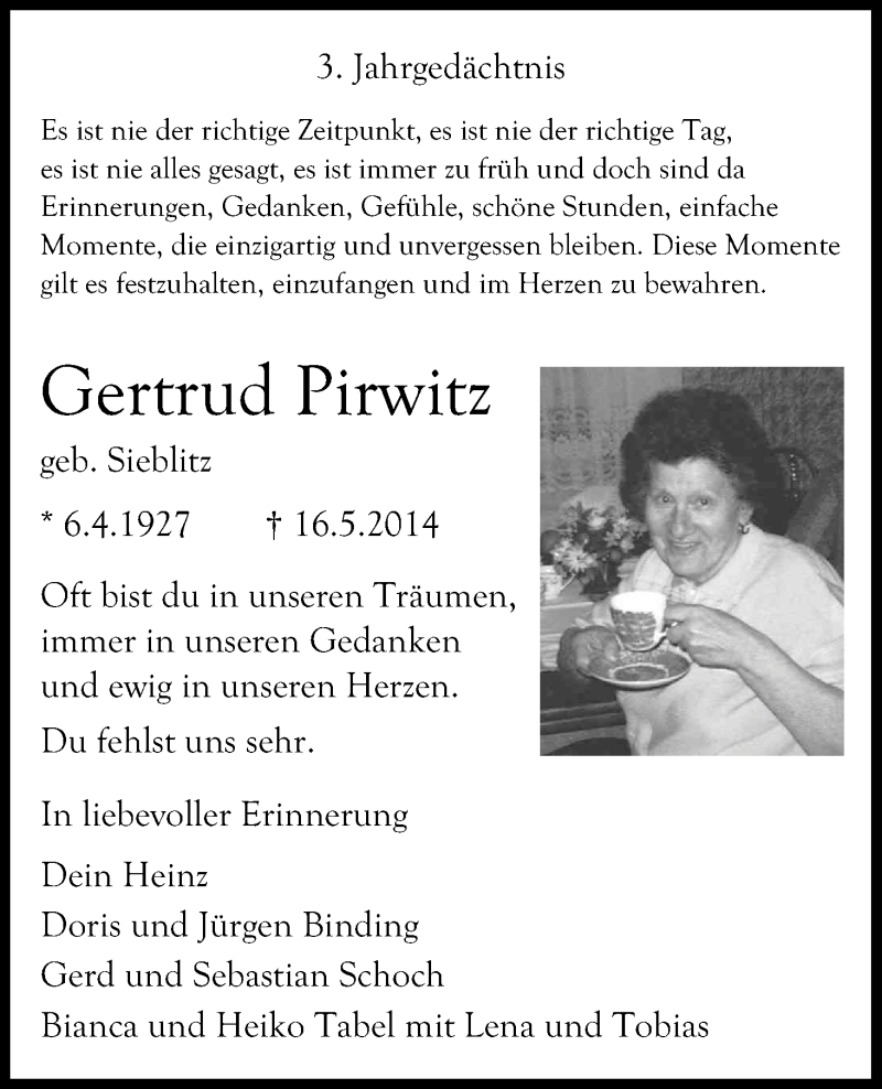  Traueranzeige für Gertrud Pirwitz vom 16.05.2017 aus Kölner Stadt-Anzeiger / Kölnische Rundschau / Express