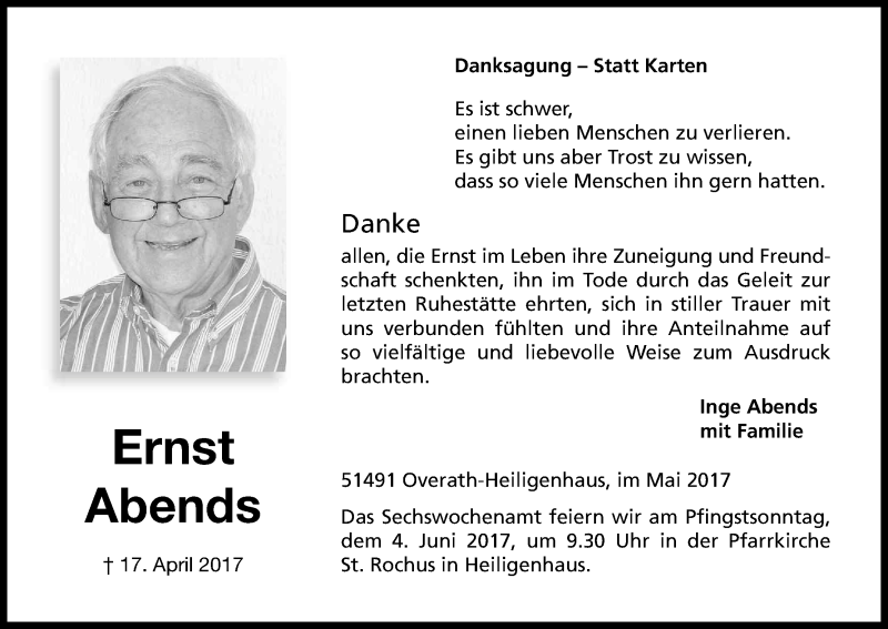  Traueranzeige für Ernst Abends vom 20.05.2017 aus Kölner Stadt-Anzeiger / Kölnische Rundschau / Express