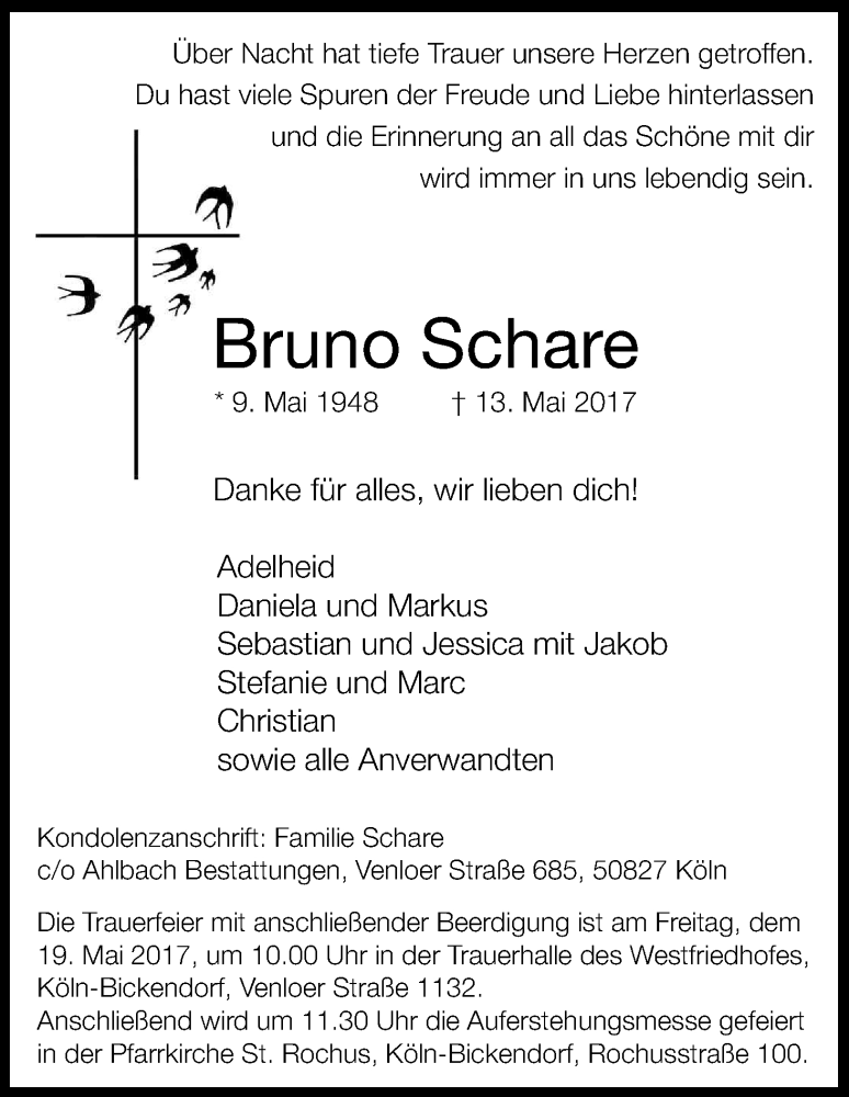  Traueranzeige für Bruno Schare vom 17.05.2017 aus Kölner Stadt-Anzeiger / Kölnische Rundschau / Express