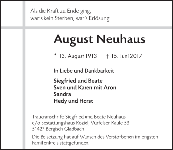 Anzeige von August Neuhaus von  Bergisches Handelsblatt 