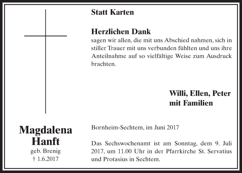  Traueranzeige für Magdalena Hanft vom 21.06.2017 aus  Schlossbote/Werbekurier 
