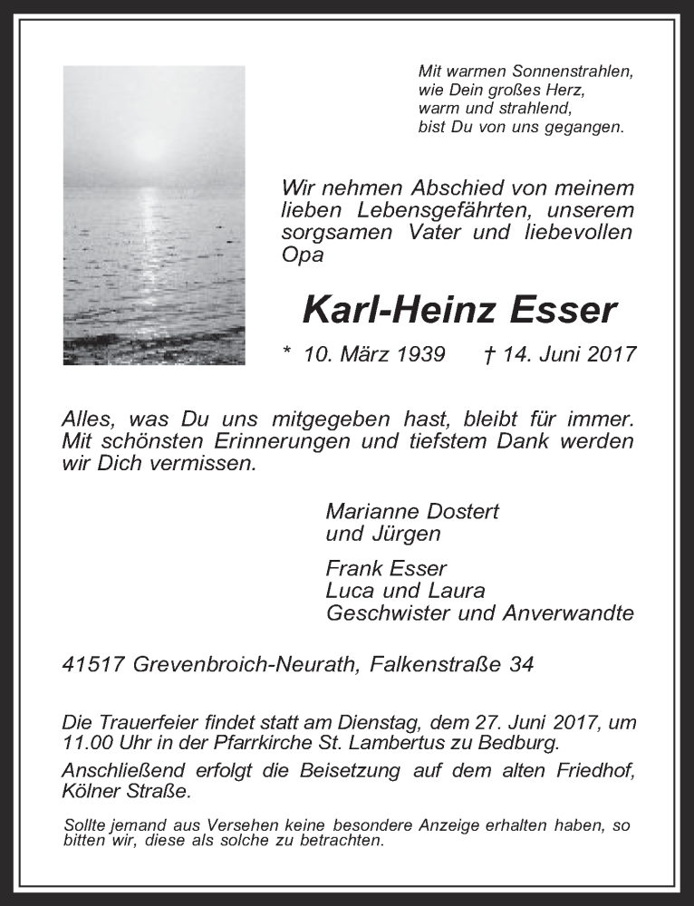  Traueranzeige für Karl-Heinz Esser vom 21.06.2017 aus  Werbepost 