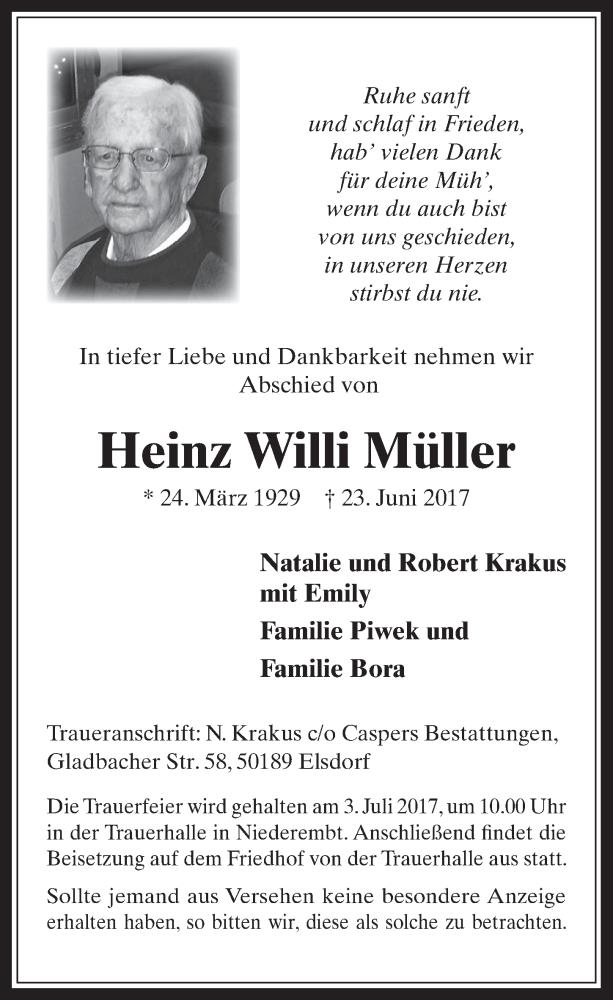  Traueranzeige für Heinz Willi Müller vom 28.06.2017 aus  Werbepost 