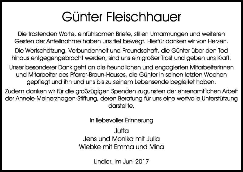  Traueranzeige für Günter Fleischhauer vom 17.06.2017 aus Kölner Stadt-Anzeiger / Kölnische Rundschau / Express