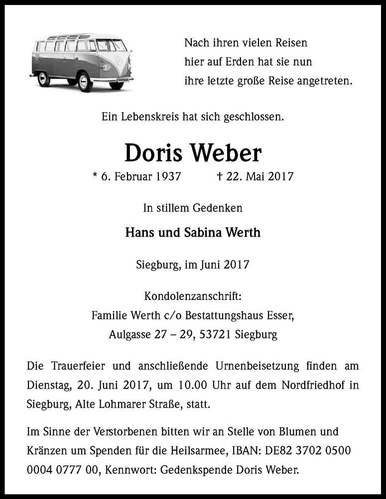  Traueranzeige für Doris Weber vom 14.06.2017 aus Kölner Stadt-Anzeiger / Kölnische Rundschau / Express