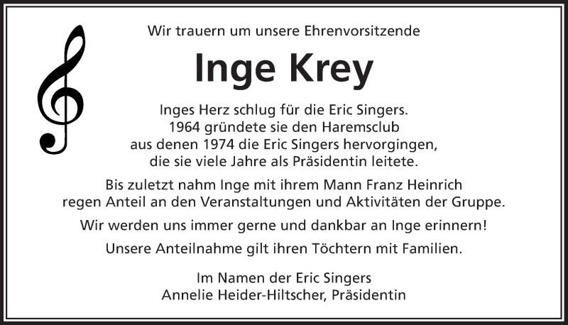  Traueranzeige für Inge Krey vom 21.06.2017 aus  Bergisches Handelsblatt 