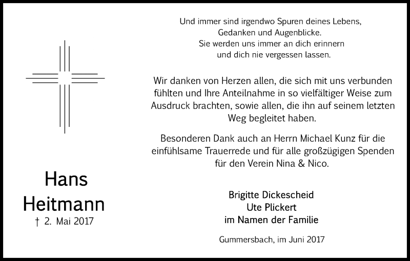  Traueranzeige für Hans Heitmann vom 30.06.2017 aus Kölner Stadt-Anzeiger / Kölnische Rundschau / Express