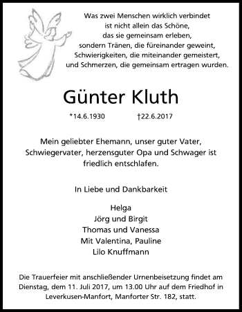 Anzeige von Günter Kluth von Kölner Stadt-Anzeiger / Kölnische Rundschau / Express