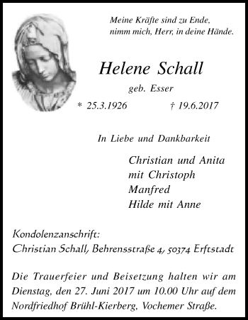 Anzeige von Helene Schall von Kölner Stadt-Anzeiger / Kölnische Rundschau / Express