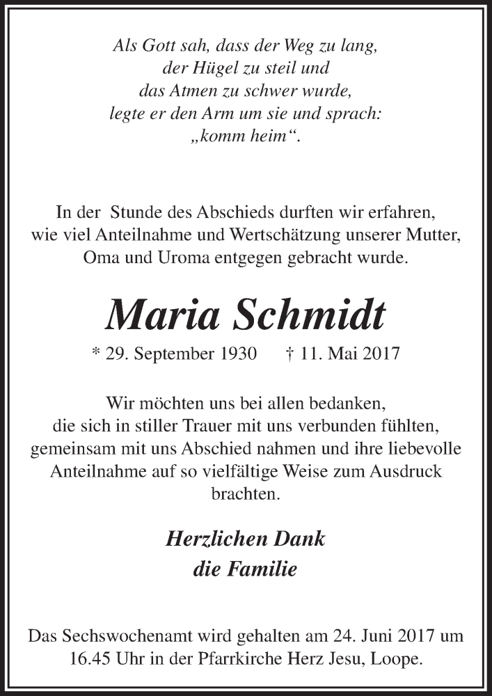  Traueranzeige für Maria Schmidt vom 21.06.2017 aus  Anzeigen Echo 