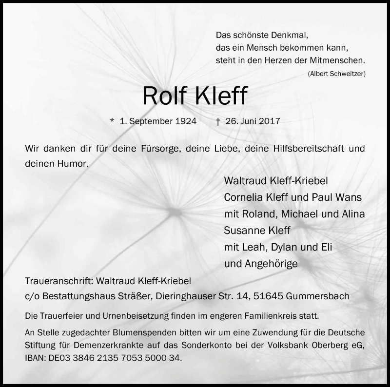  Traueranzeige für Rolf Kleff vom 30.06.2017 aus Kölner Stadt-Anzeiger / Kölnische Rundschau / Express